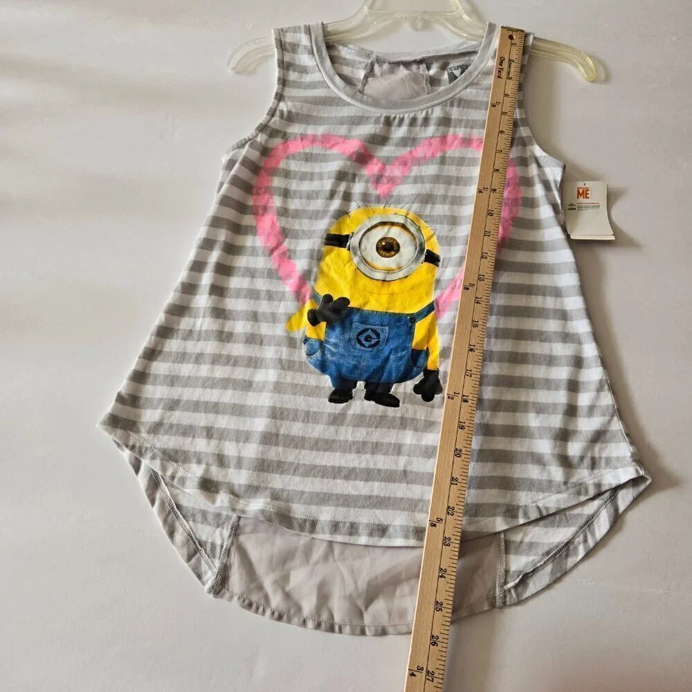 Despicable Me Minion Girls Grey and White Striped Shear Back Tank Top Size XS